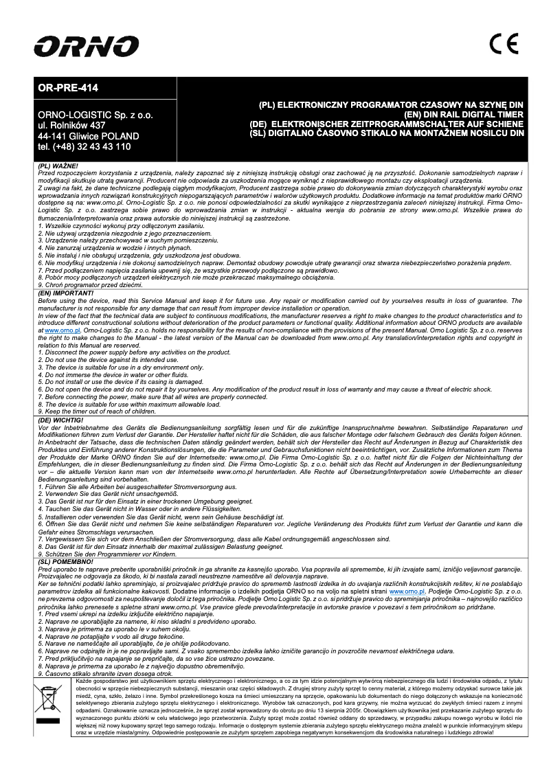 Page 1 de la notice Manuel utilisateur ORNO OR-PRE-414