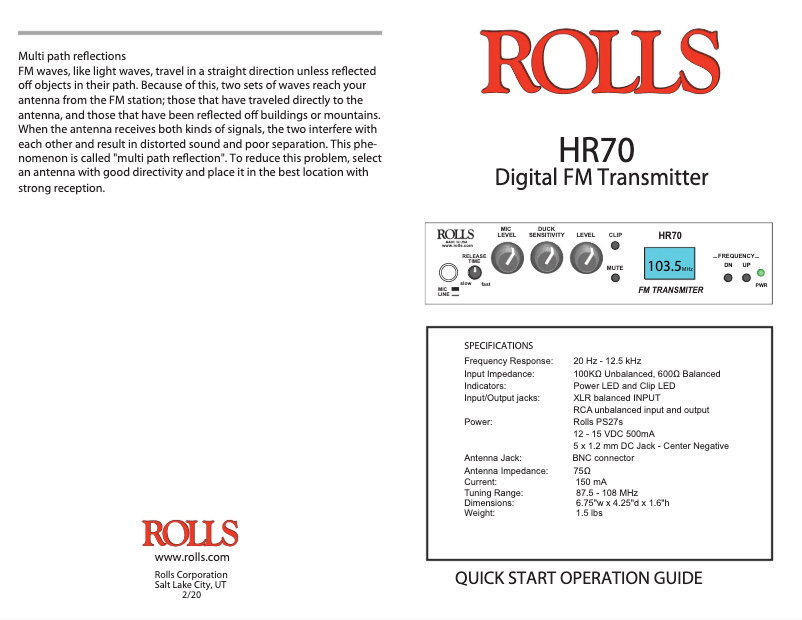 Page 1 de la notice Manuel utilisateur Rolls HR70