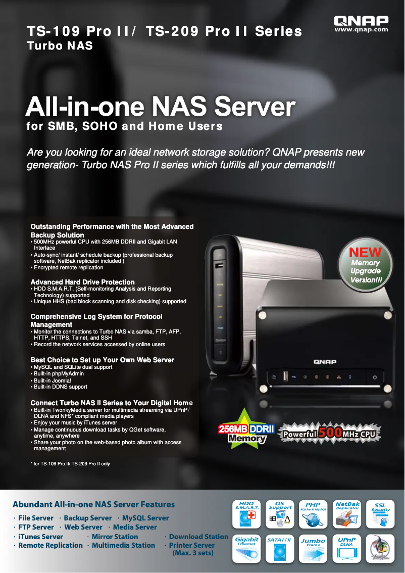 Page 1 de la notice Fiche technique QNAP TS-209 Pro II