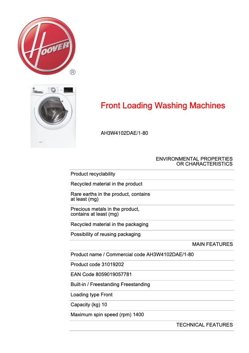 Page n°1 - Fiche technique Hoover AH3W4102DAE/1-80