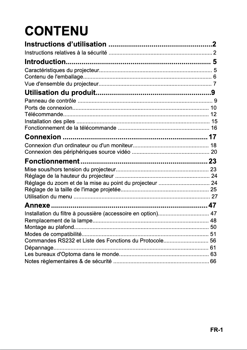 Page 1 de la notice Manuel utilisateur Optoma X313