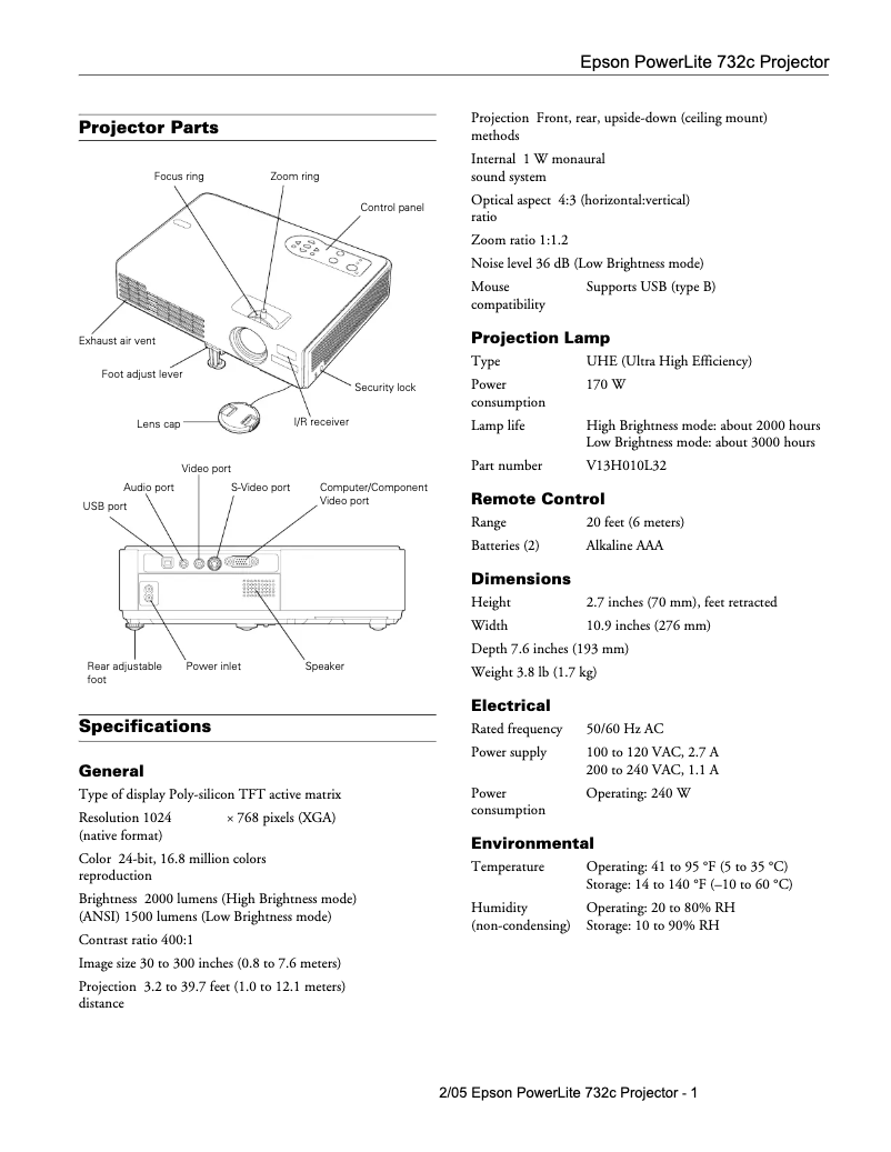 Page 1 de la notice Fiche technique Epson PowerLite 732c