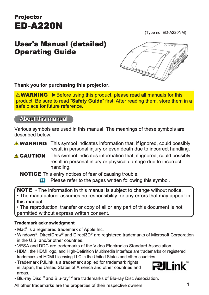 Page 1 de la notice Manuel utilisateur Hitachi ED-A220NMEF