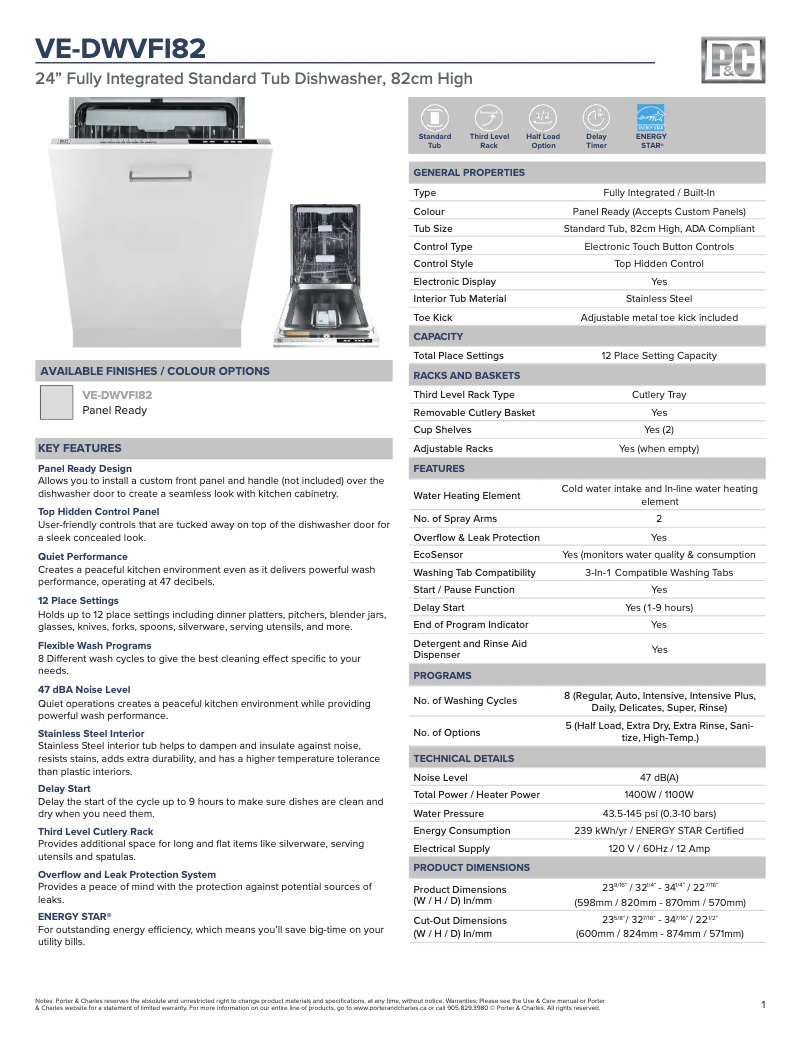 Page 1 de la notice Fiche technique Porter & Charles DWVFI82