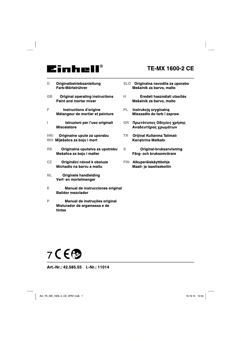 Page 1 de la notice Manuel utilisateur Einhell TE-MX 1600-2 CE