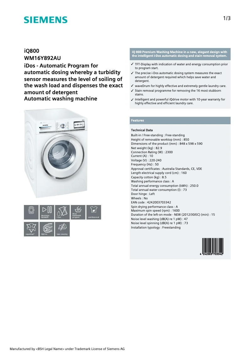 Page 1 de la notice Fiche technique Siemens WM16Y892AU