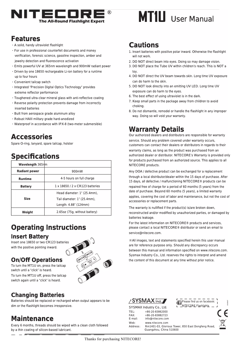 Page 1 de la notice Manuel utilisateur Nitecore MT1U