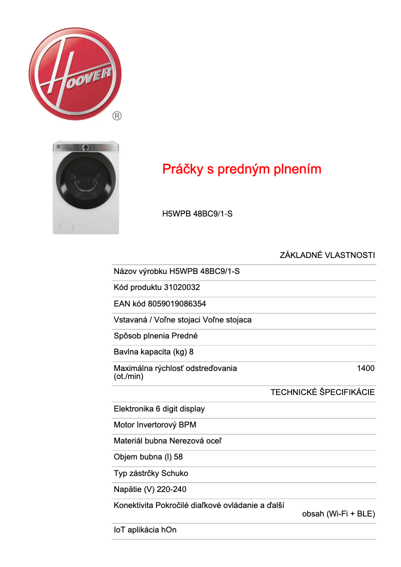 Page 1 de la notice Fiche technique Hoover H5WPB 48BC9/1-S