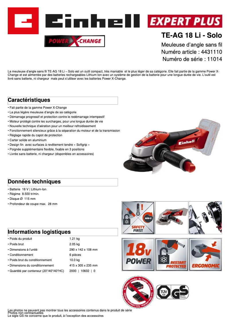 Page 1 de la notice Fiche technique Einhell TE-AG 18/115 Li-Solo