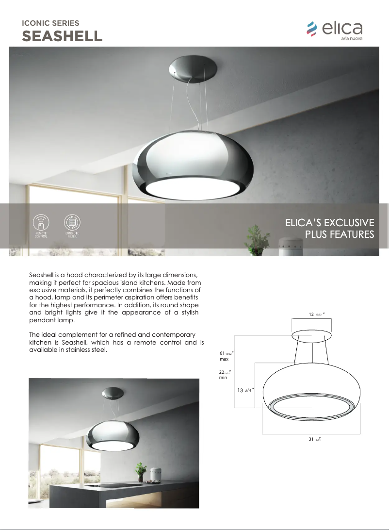 Page 1 de la notice Fiche technique Elica Seashell ESS432SS