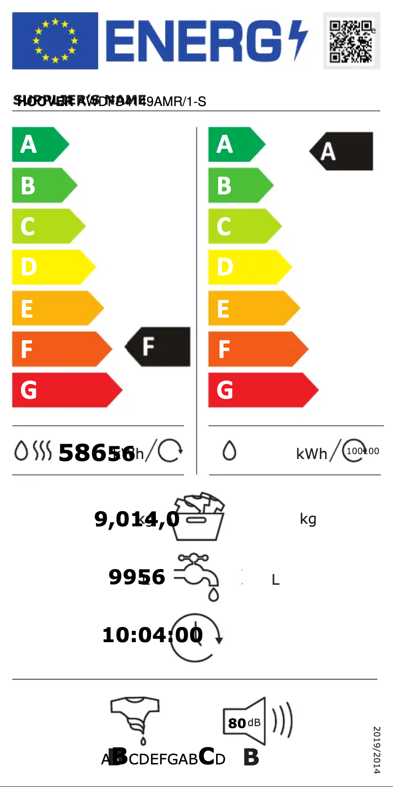Page 1 de la notice Label énergétique Hoover AWDFD4149AMR/1-S