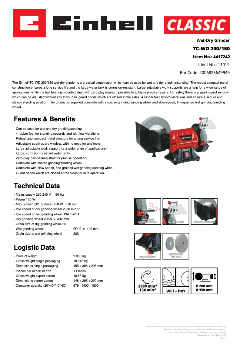 Page 1 de la notice Fiche technique Einhell TC-WD 200/150