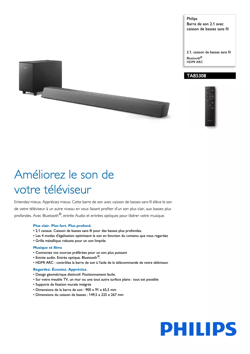 Page 1 de la notice Fiche technique Philips TAB5308