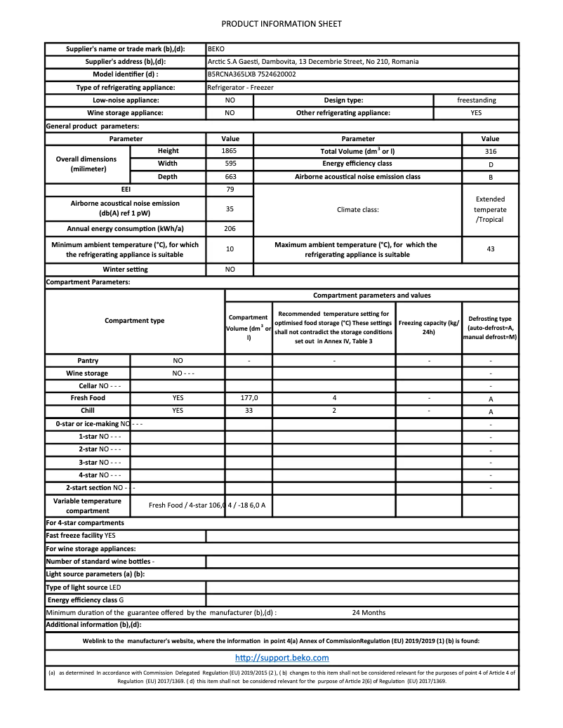 Page 1 de la notice Fiche technique Beko B5RCNA365LXB