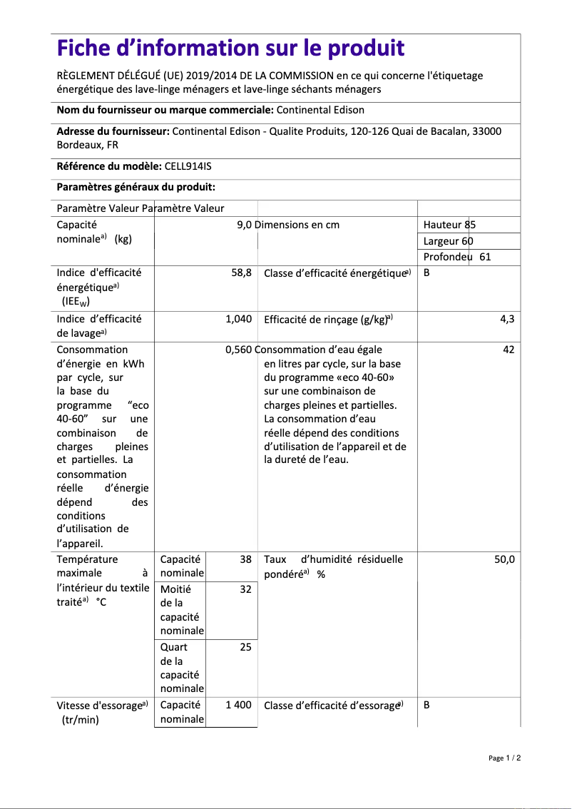 Page n°1 - Label énergétique Continental Edison CELL914IS