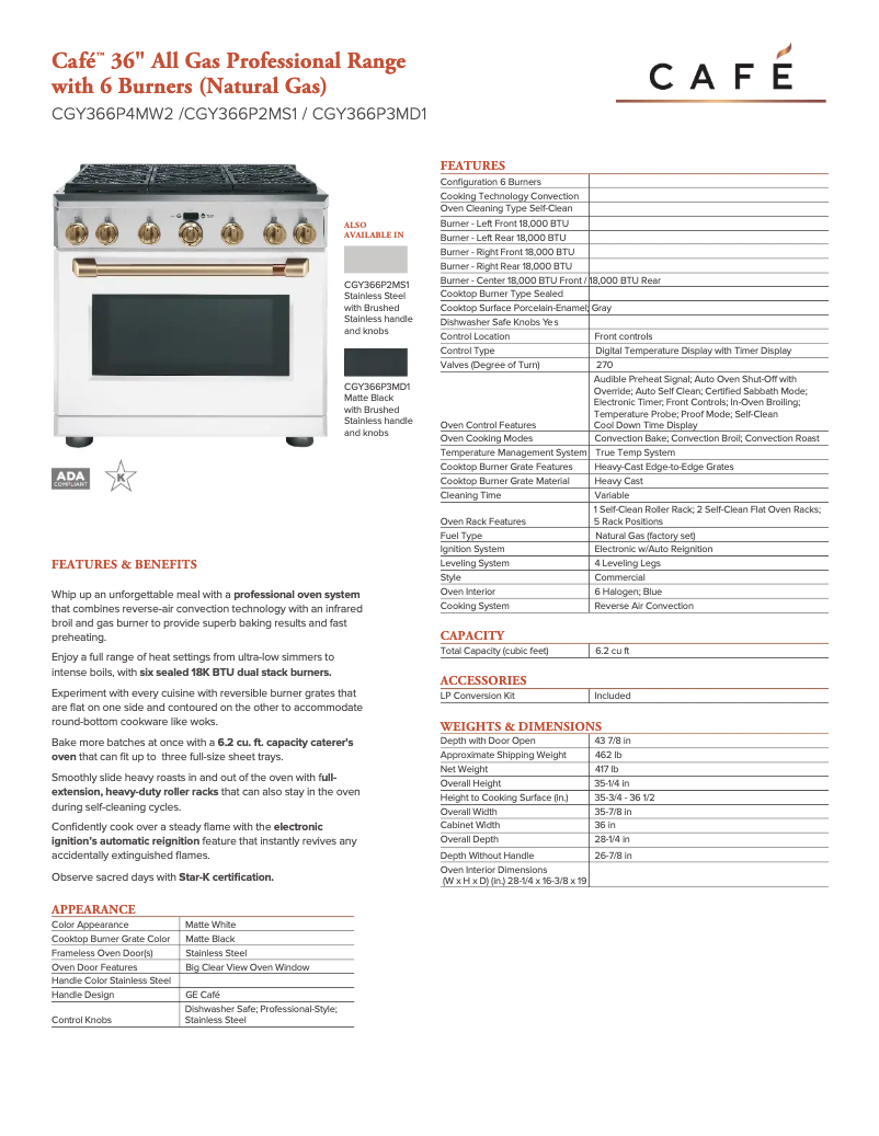 Page 1 de la notice Fiche technique GE CGY366P3MD1