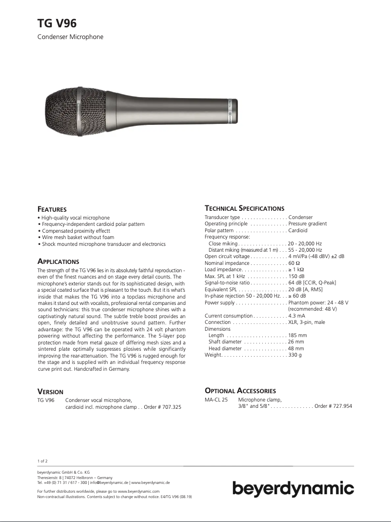 Page n°1 - Fiche technique Beyerdynamic TG V96