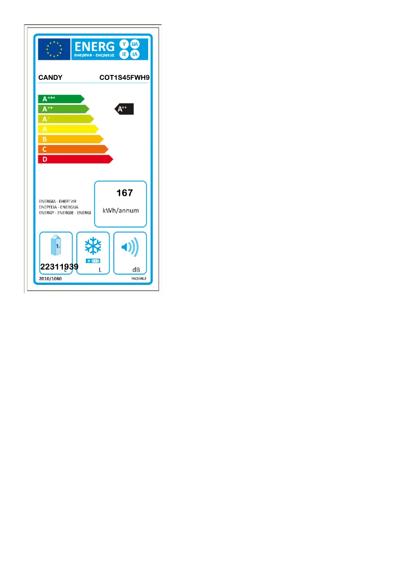 Page n°1 - Label énergétique Candy COT1S45FWH9