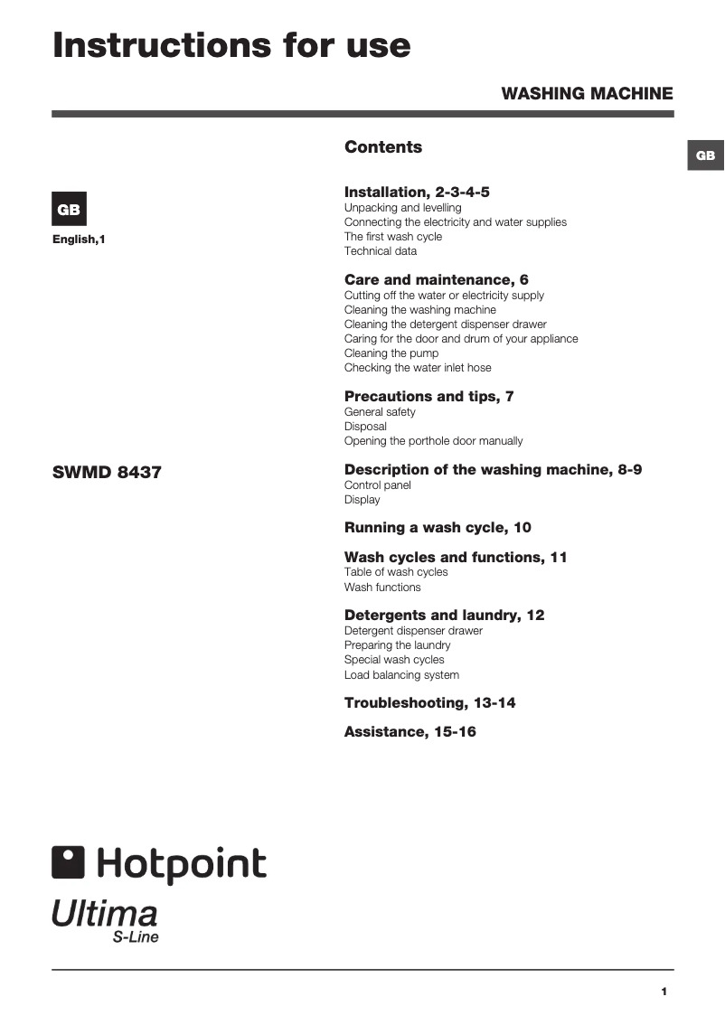 Page n°1 - Manuel utilisateur Hotpoint SWMD8437