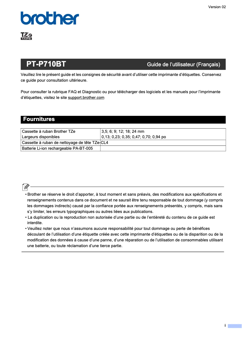 Image de la première page du manuel de l'appareil P-Touch PT-P710BT