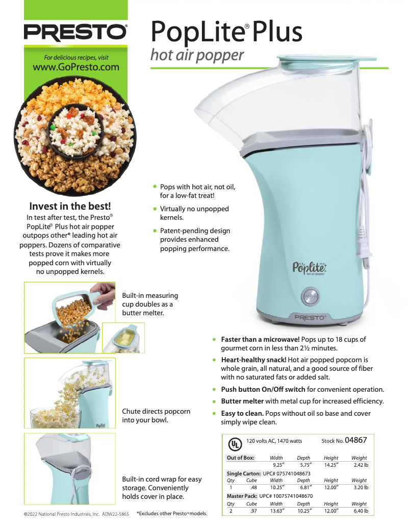 Page 1 de la notice Fiche technique Presto PopLite