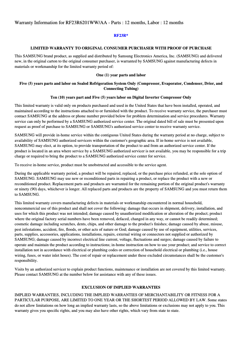 Page 1 de la notice Informations de garantie Samsung RF23R6201SG/AA