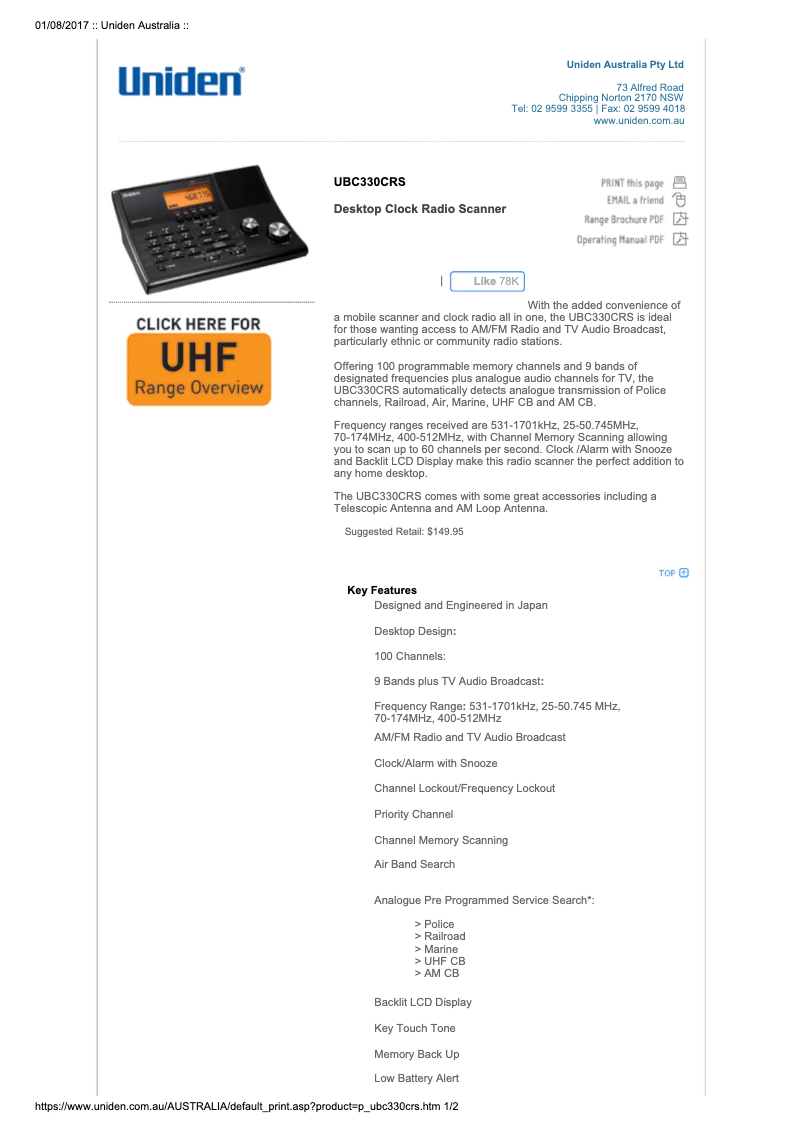 Page n°1 - Manuel utilisateur Uniden UBC330CRS