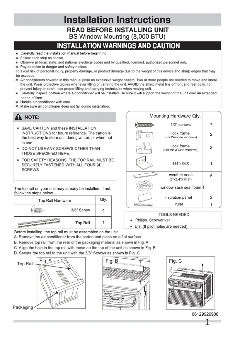 Page 1 de la notice Guide d'installation Frigidaire FFRE0833U1E
