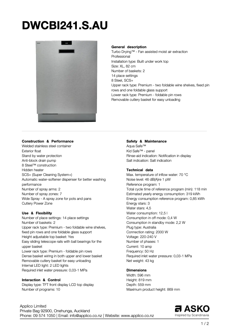 Página 1 del manual Ficha técnica Asko DWCBI241.S.AU