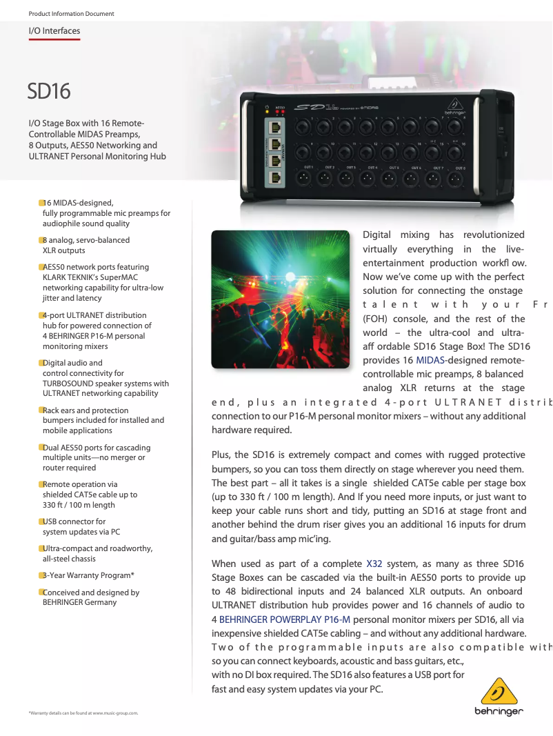 Page 1 de la notice Fiche technique Behringer SD16