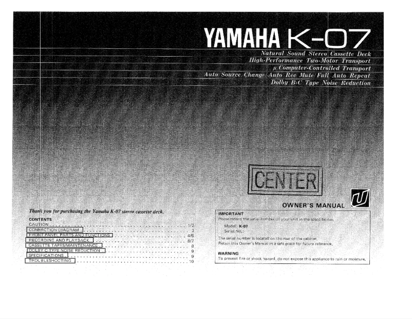 Page n°1 - Manuel utilisateur Yamaha K-07