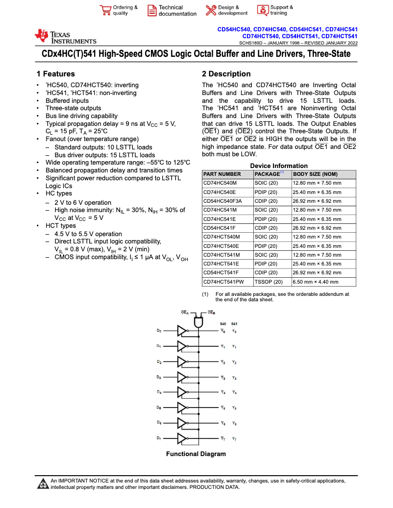 Page 1 de la notice Manuel utilisateur Texas Instruments CD74HCT541E