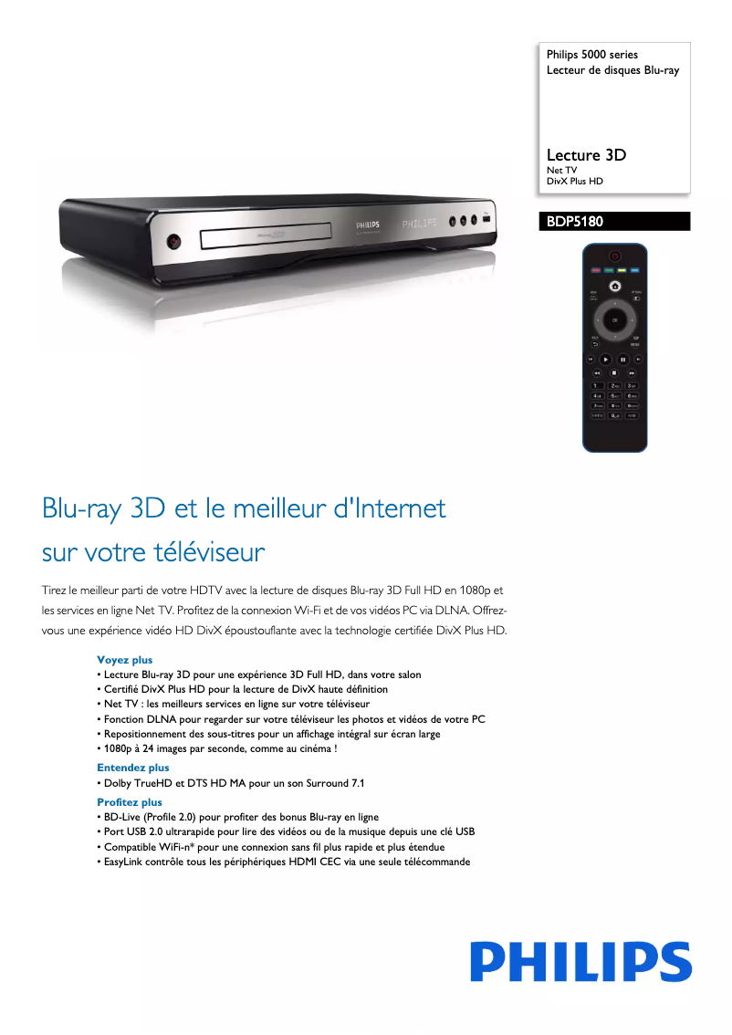Página 1 del manual Ficha técnica Philips BDP5180