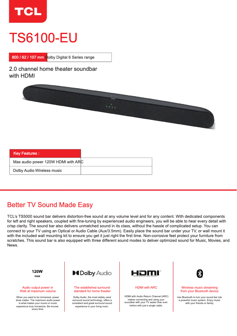 Page 1 de la notice Fiche technique TCL Alto 6 TS6100