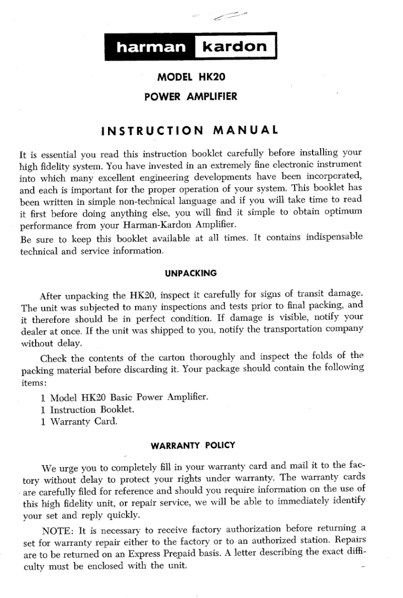 Page n°1 - Manuel utilisateur Harman Kardon HK20