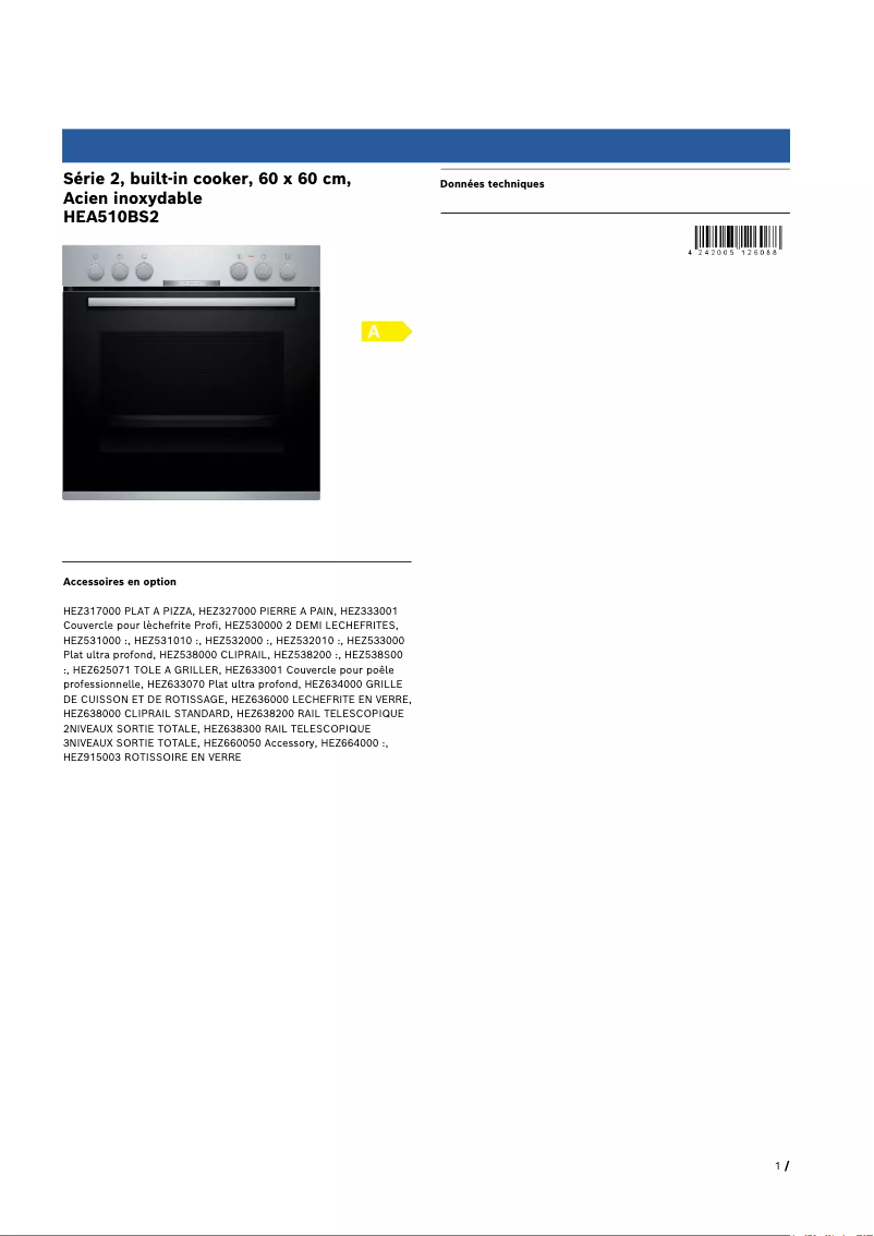 Page 1 de la notice Fiche technique Bosch HEA510BS2