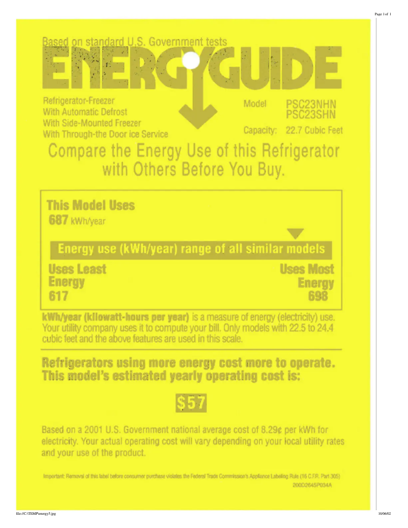 Page n°1 - Label énergétique GE Profile Arctica CustomStyle PSC23NHNWW