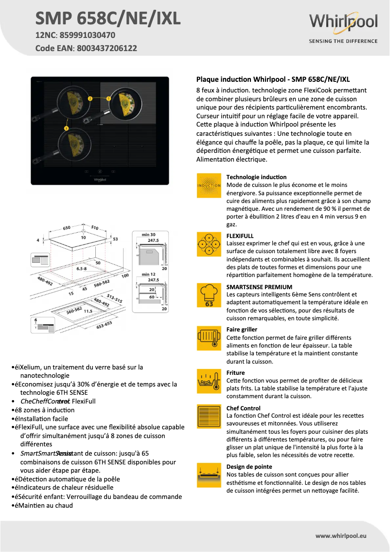 Page 1 de la notice Fiche technique Whirlpool SMP 658C/NE/IXL