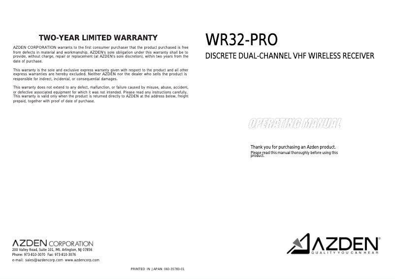 Page 1 de la notice Manuel utilisateur Azden WDM-PRO