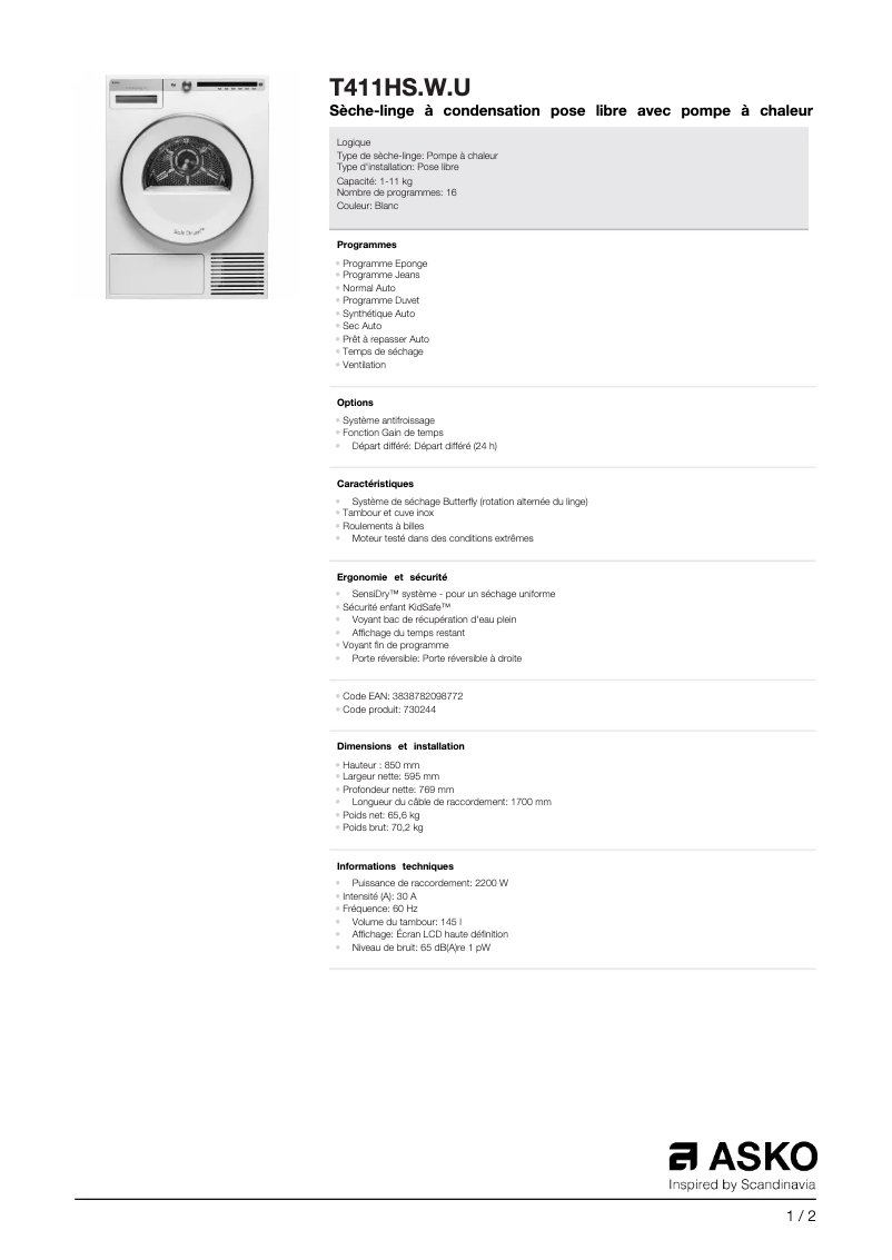 Page 1 de la notice Fiche technique Asko T411HS.W.U