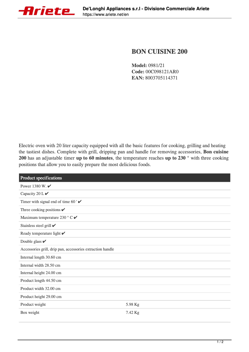 Image de la première page du manuel de l'appareil Bon Cuisine 200