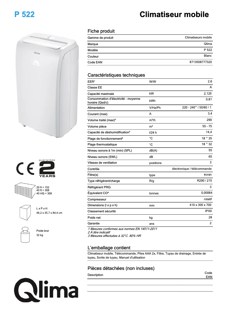 Página 1 del manual Ficha técnica Qlima P522