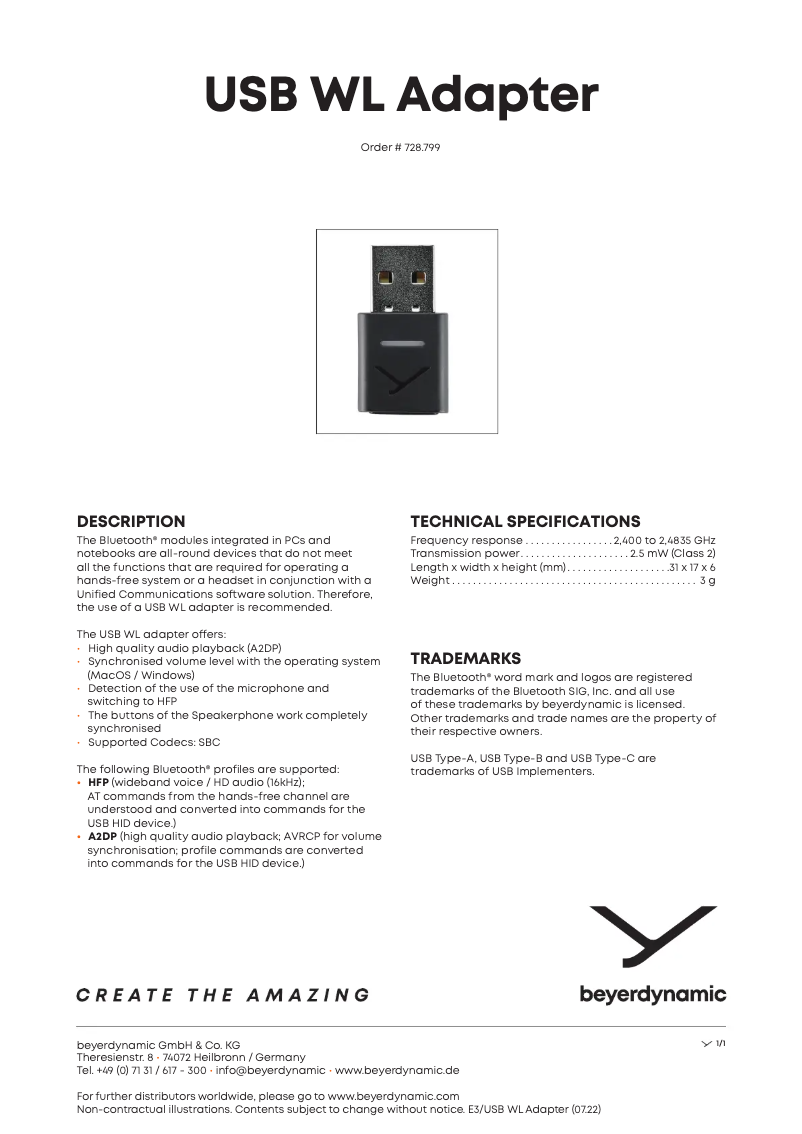 Page 1 de la notice Fiche technique Beyerdynamic USB WL Adapter