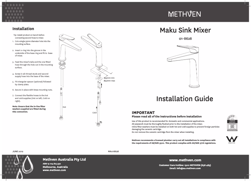Page 1 de la notice Manuel utilisateur Methven Maku 01-8628