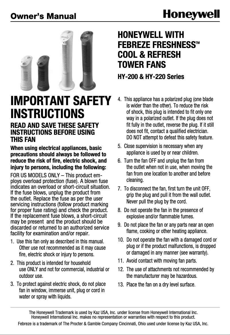 Page 1 de la notice Manuel utilisateur Honeywell Febreze Freshness HY-224