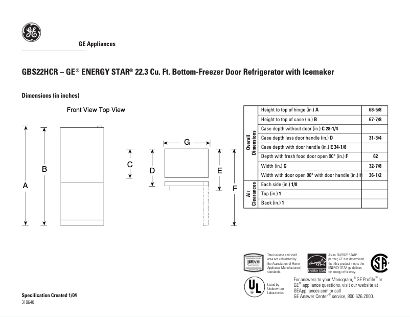 Page n°1 - Fiche technique GE GBS22HCRCC