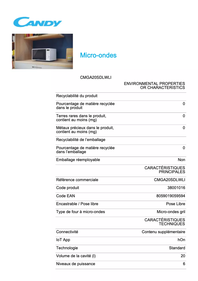 Page 1 de la notice Fiche technique Candy CMGA20SDLWLI