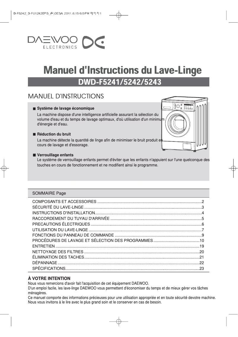 Page n°1 - Manuel utilisateur Daewoo DWD-F5241