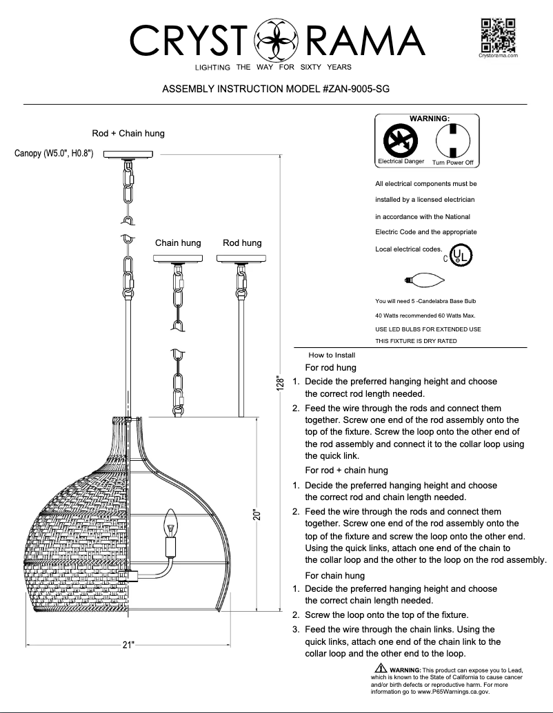 Page 1 de la notice Manuel utilisateur Crystorama Zanzibar ZAN-9005-SG
