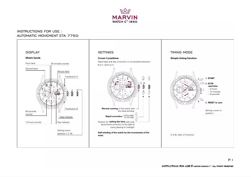 Page 1 de la notice Manuel utilisateur Marvin ETA 7750
